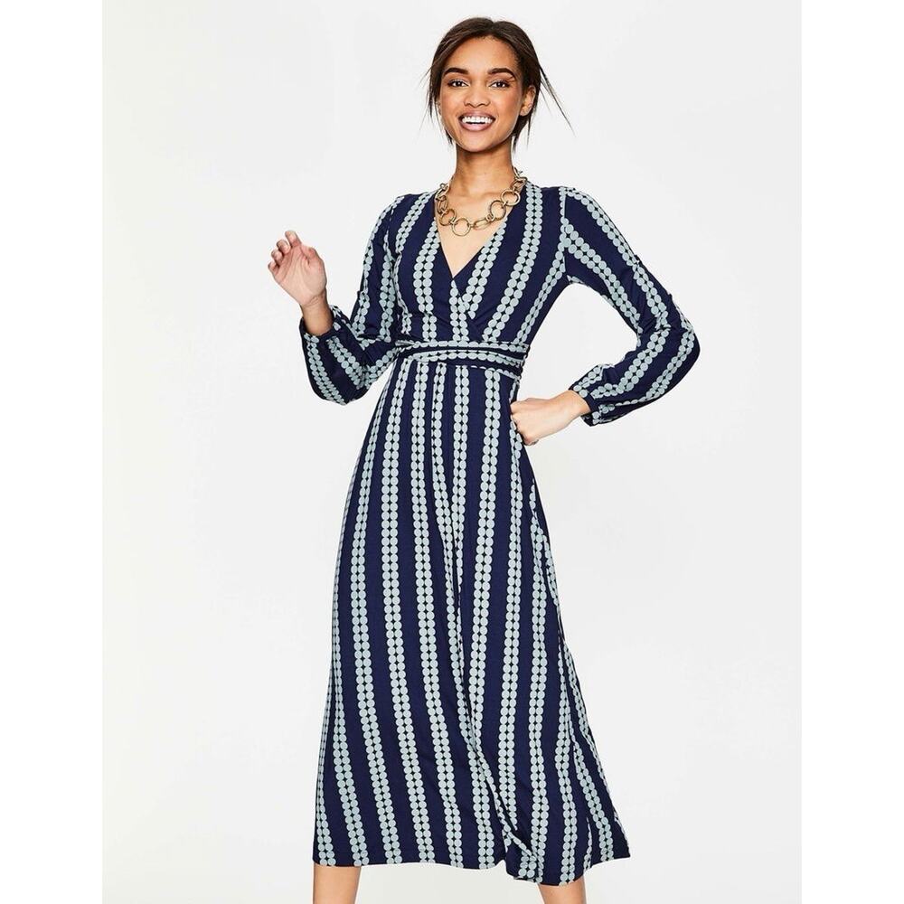 Boden Hayden Jersey Midi Dress Navy Blue Gray Stripe Dot Print Size US 8 - Picture 4 of 12